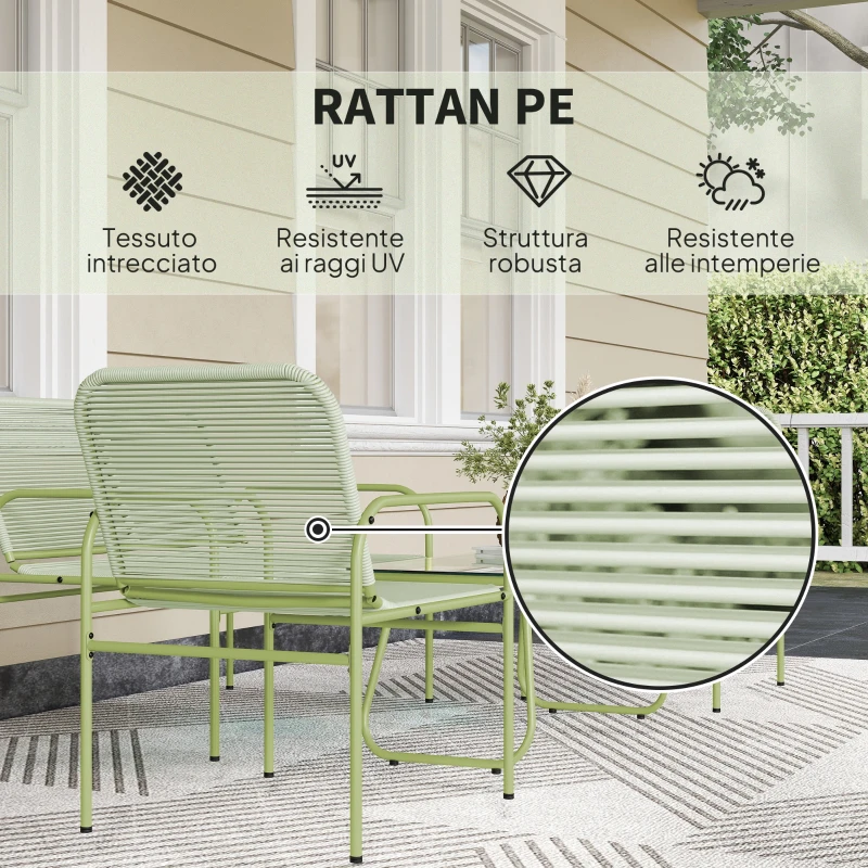 Outsunny Salotto da Esterno in Rattan PE con Divanetto, 2 Poltroncine e Tavolino con Piano in Vetro, Verde