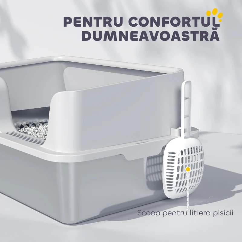 PawHut Litieră pentru Pisici cu Margini Ridicate, Tavă și Lopățică Gri Deschis