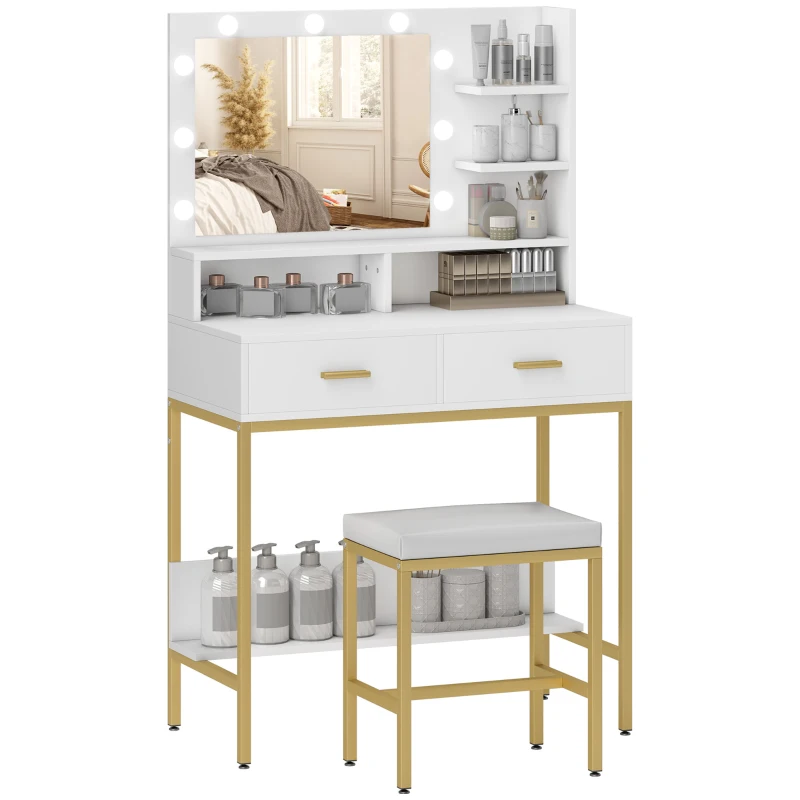 HOMCOM Tocador de Maquillaje con Luz y Taburete Mesa de Maquillaje con 2 Cajones y Estantes de Almacenamiento Blanco