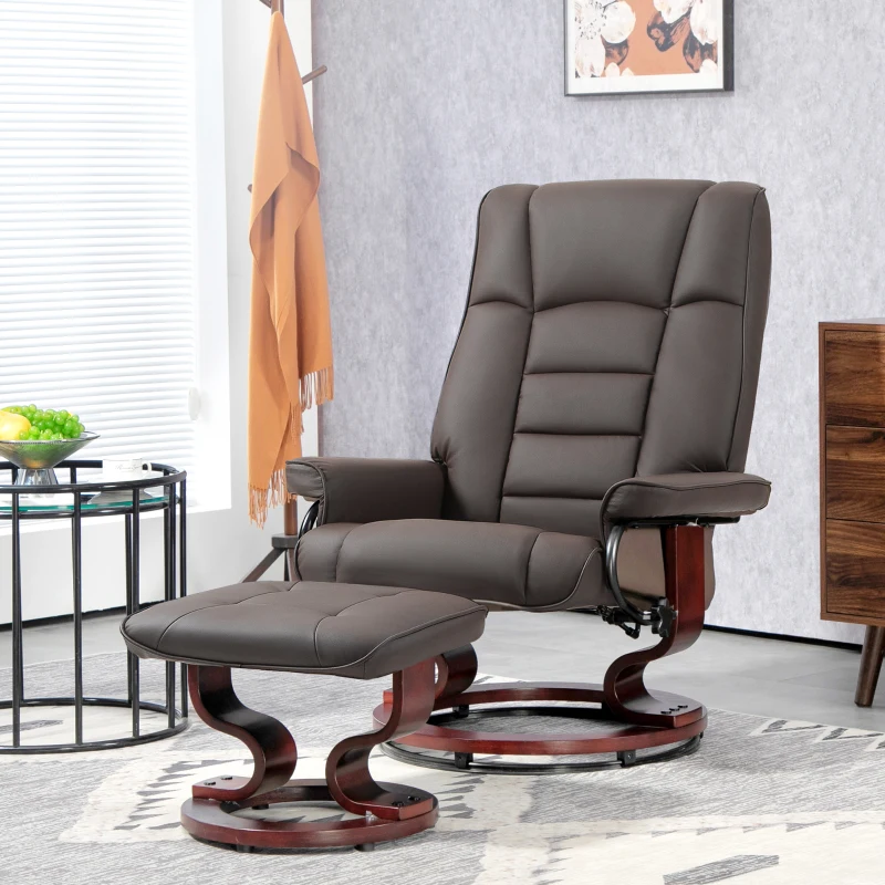 HOMCOM Relaxsessel mit Hocker, drehbar & neigbar, Kunstlederbezug, bis 150 kg, Holzgestell, Braun(m-2)