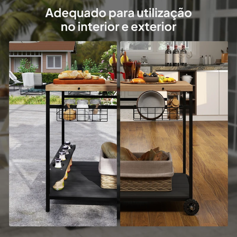 Outsunny Carrinho Auxiliar com Rodas de Madeira com 2 Prateleiras 2 Cestas Metálicas e Suportes para Garrafas  97,5x65x81 cm Madeira e Preto