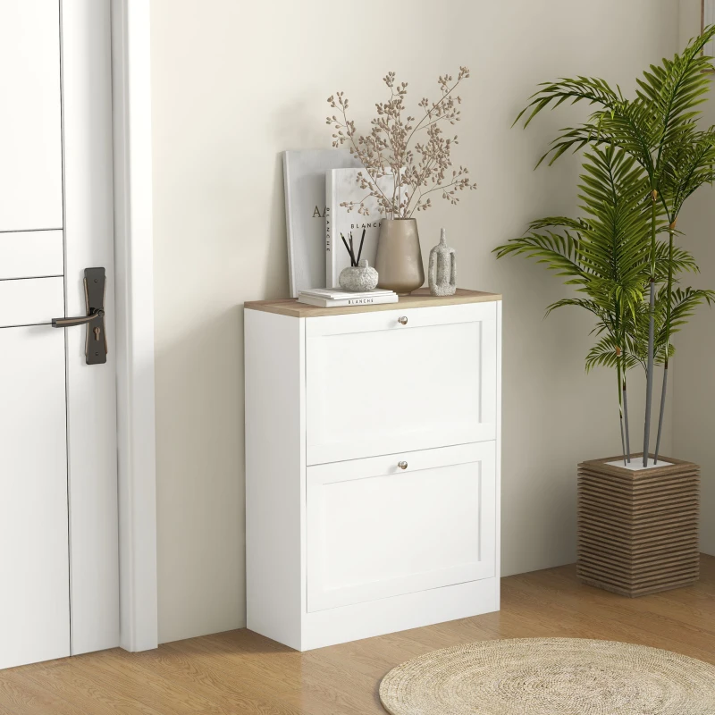 HOMCOM Narrow Shoe Cabinet with 2 Flip Drawers and Adjustable Shelves - White(m-2)