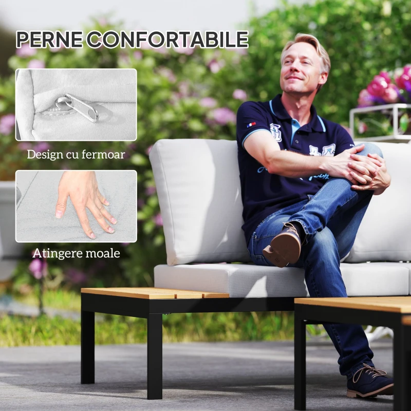 Outsunny Set Mobilier de Grădină din 4 Piese, cu 2 Canapele și 2 Măsuțe de Cafea, 141x64x62 cm, Lemn Natural