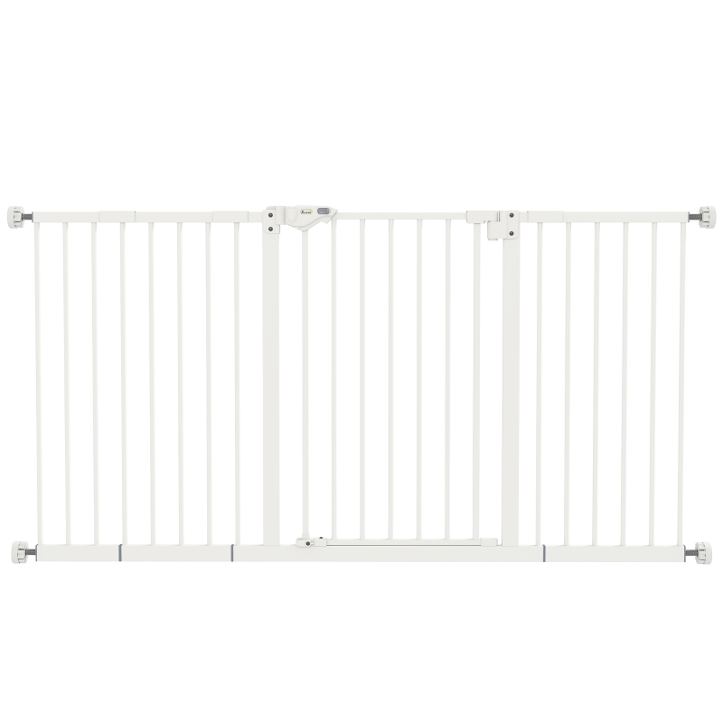 PawHut Barrera de Seguridad Extensible con Cierre Automático y Sistema de Doble Bloqueo Metal 74-147,5x76,2 cm Blanco
