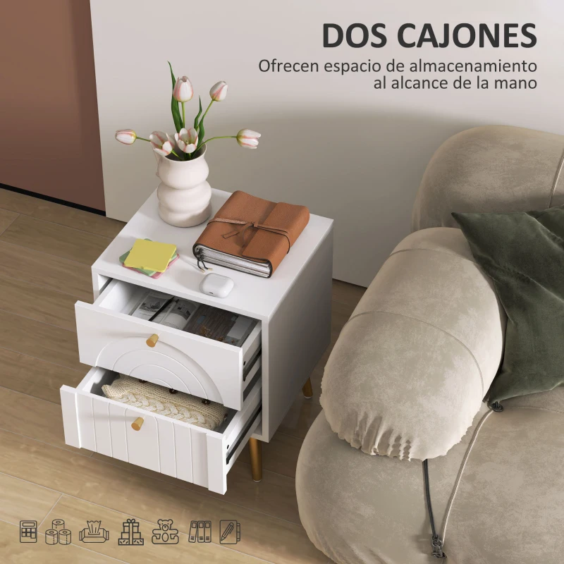 HOMCOM Pack de 2 Mesillas de Noche Dormitorio con 2 Cajones y Patas de Acero Estilo Moderno 40x35x50 cm Blanco