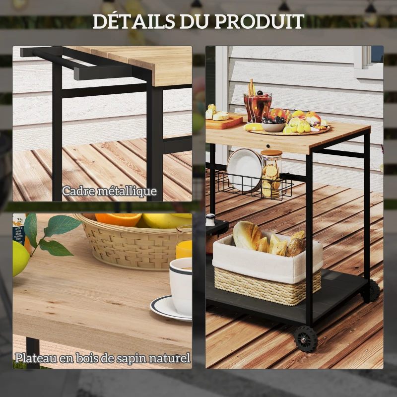Outsunny Desserte de jardin chariot pour plancha barbecue en bois et métal avec poignée 2 plateaux 2 paniers et porte-bouteilles
