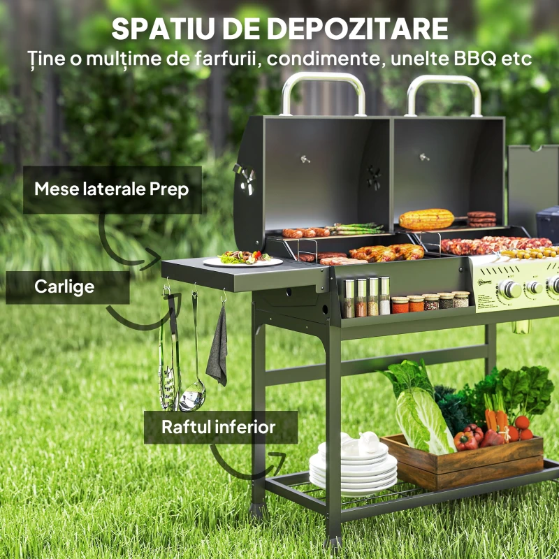 Outsunny Grătar cu Cărbune și Gaz cu 3 Arzătoare și Capac cu Termometru, Negru
