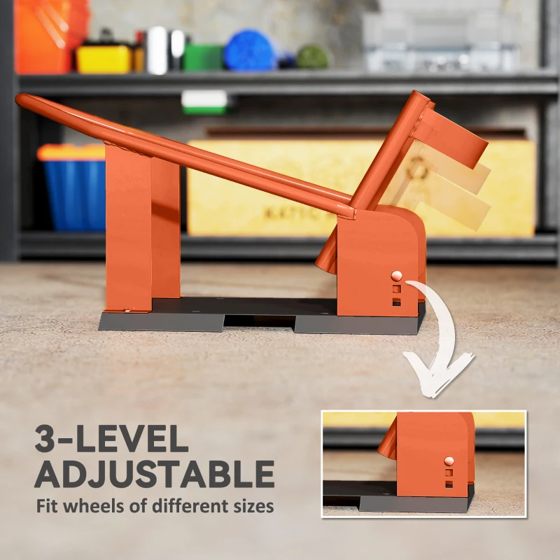 HOMCOM Motorcycle Wheel Chock, 816.5 kg Capacity Heavy Duty Steel Motorcycle Front Wheel Chock Holder with 3 Height Adjustable Holes, Fits 381-533.4 mm Wheels, Orange