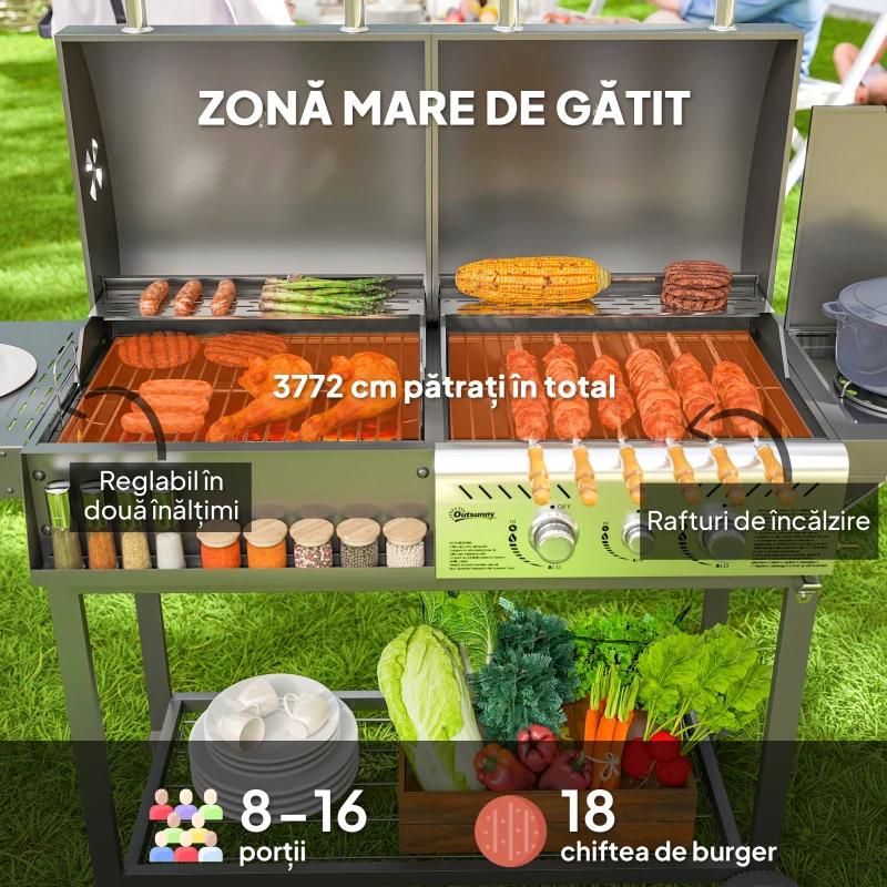 Outsunny Grătar cu Cărbune și Gaz cu 3 Arzătoare și Capac cu Termometru, Negru