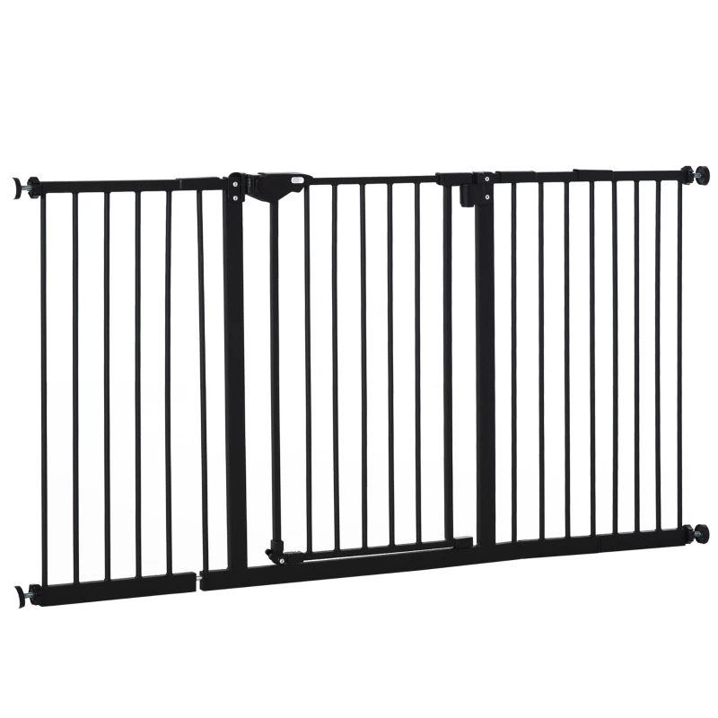 PawHut Barreira de Segurança Extensível para Portas e Escadas com Fechamento Automático e Sistema de Duplo Bloqueio 74-147,5x76,2 cm Preto