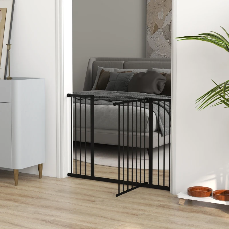 PawHut Barrière de sécurité longueur réglable dim. 76-107l x 76H cm sans perçage acier plastique noir