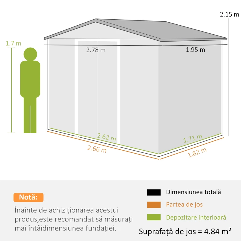Outsunny Căsuță de Grădină din Oțel cu Efect de Lemn și Uși Duble Glisante, 278x195x215 cm, Maro