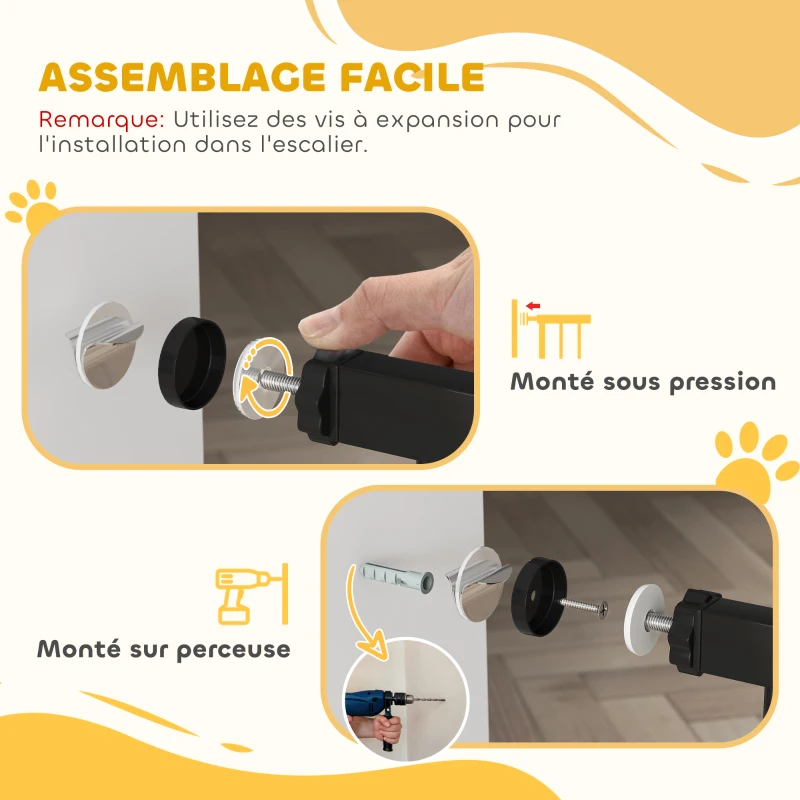 PawHut Barrière de sécurité longueur réglable dim. 76-107l x 76H cm sans perçage acier plastique noir