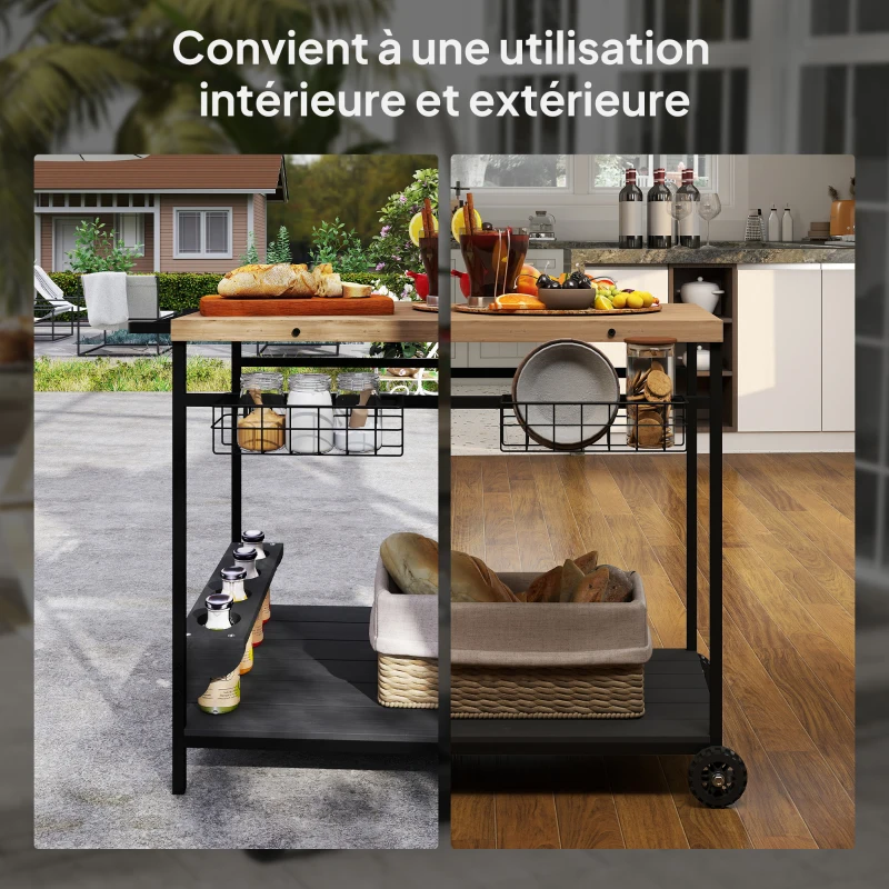 Outsunny Desserte de jardin chariot pour plancha barbecue en bois et métal avec poignée 2 plateaux 2 paniers et porte-bouteilles