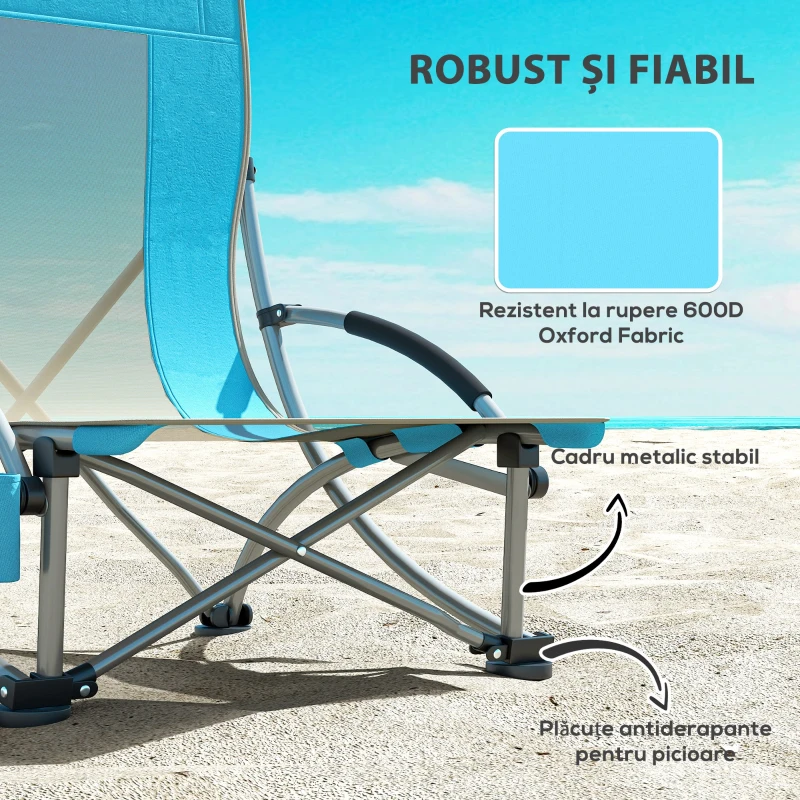 Outsunny Set de 2 Scaune Pliabile de Plajă cu Brațe și Suport de Pahar și Geantă de Transport, Albastru