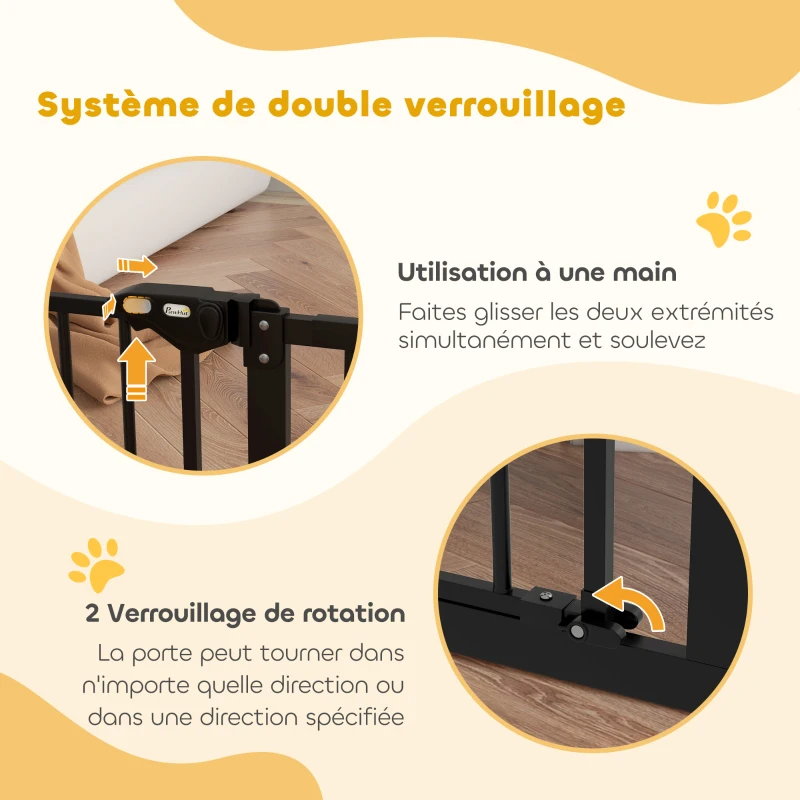 PawHut Barrière de sécurité animaux porte fermeture automatique système de double verrouillage sans perçage 3 extensions noir(m-6)