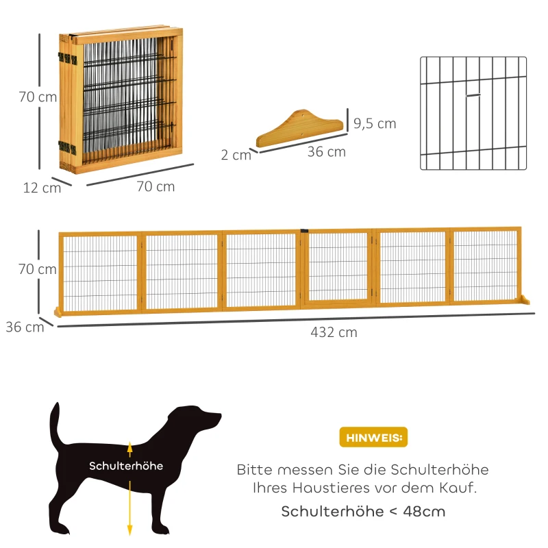 PawHut Absperrgitter für Hunde, klappbar, 432 x 36 x 70 cm, Kiefernholz, Gelb(m-3)