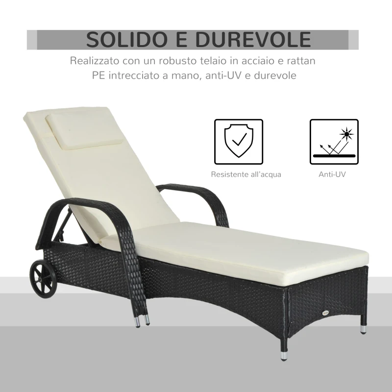 Outsunny Lettino Prendisole da Giardino con Ruote, Sedia a Sdraio per Spiaggia con Altezza Regolabile in Rattan, Nero e Crema, 200x73x103cm