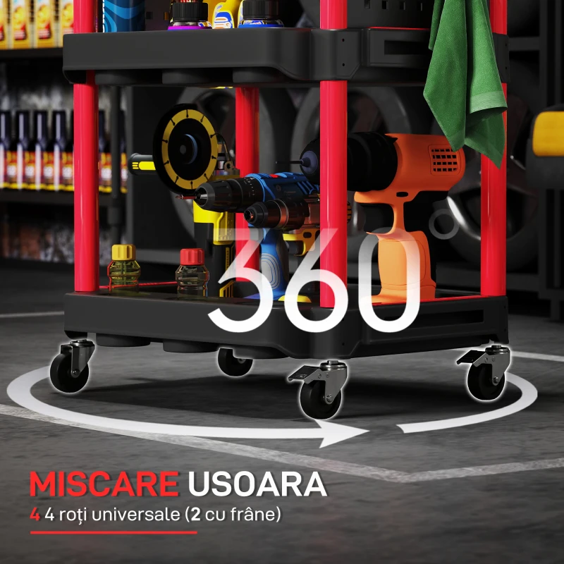 HOMCOM Cărucior pentru Scule 3 Nivele din Plastic cu Panou Lateral Roșu Negru