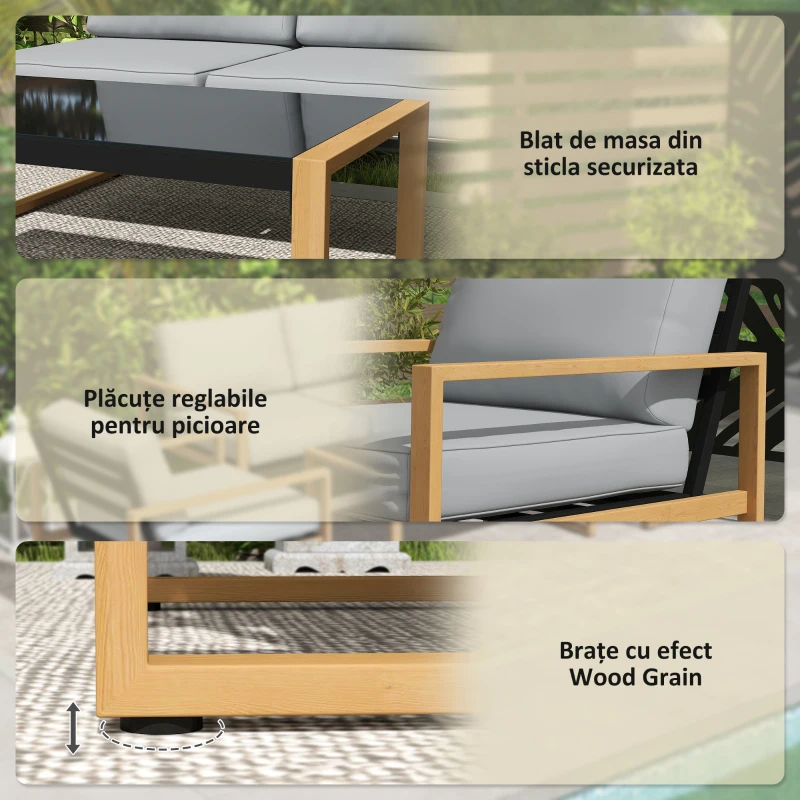 Outsunny Set Mobilier de Grădină din 4 Piese, cu Canapea de 2 Locuri, 2 Fotolii și Măsuță de Cafea, 123.5x75x73 cm, Gri