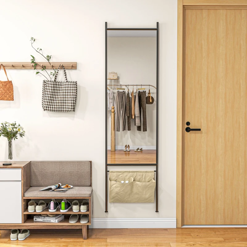 HOMCOM Miroir rectangulaire pleine longueur avec pochette de rangement, à poser ou à fixer au mur, 56L x 190H cm - noir