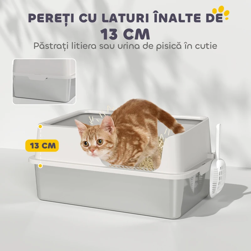 PawHut Litieră pentru Pisici cu Margini Ridicate, Tavă și Lopățică Gri Deschis