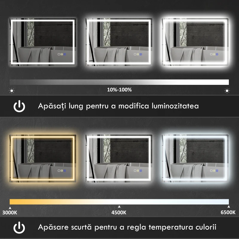 HOMCOM Oglindă Baie cu LED, Antiaburire și Boxă Bluetooth, 80x100 cm, Touch și Funcție Memorie