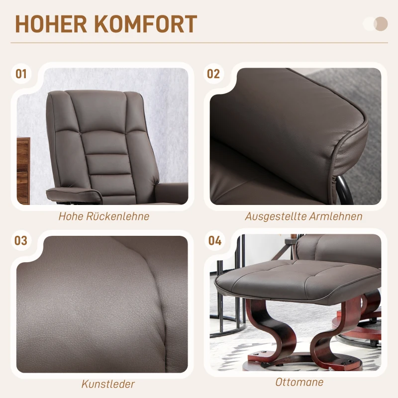 HOMCOM Relaxsessel mit Hocker, drehbar & neigbar, Kunstlederbezug, bis 150 kg, Holzgestell, Braun(m-6)