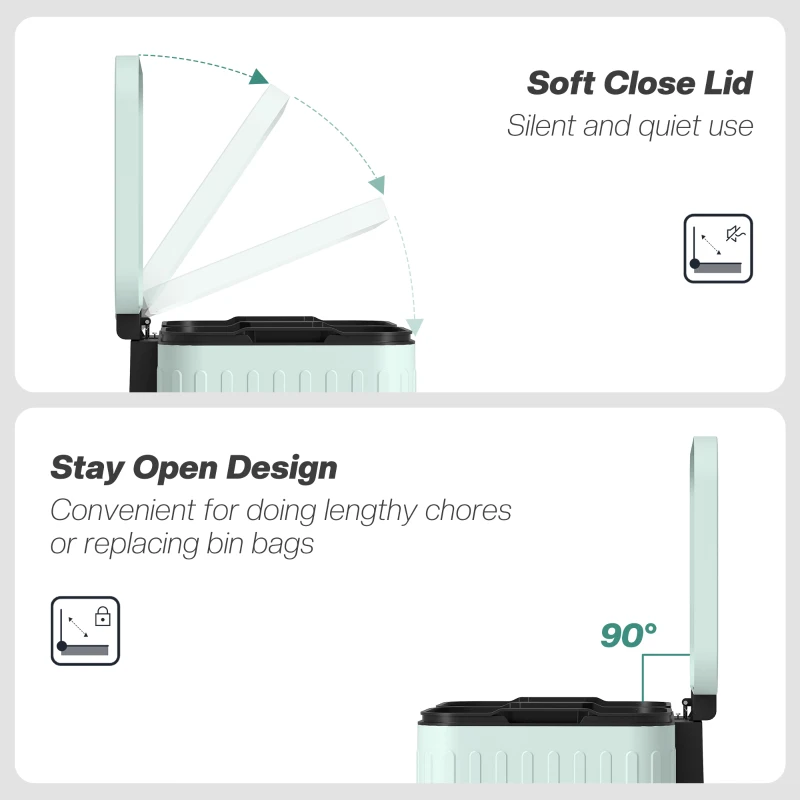 HOMCOM Dual Kitchen Bin, 2 x 20L Double Bin for Recycling and Waste, Fingerprint-proof Pedal Bin with Soft-Close Lid, Removable Inner Buckets, Green