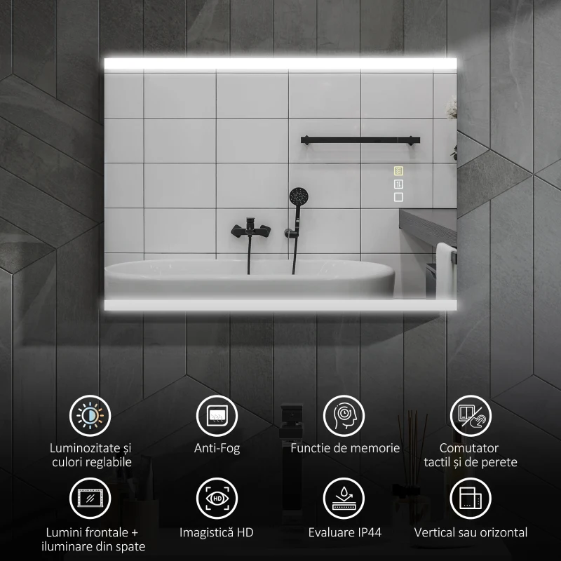 HOMCOM Oglindă de Baie cu LED 3 Culori 70x50x3 cm, Montabilă pe Perete