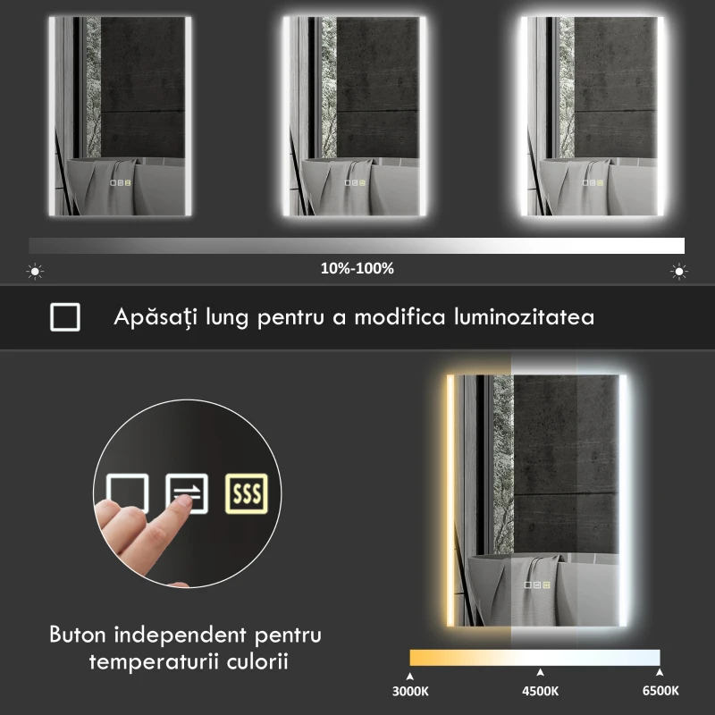HOMCOM Oglindă de Baie cu LED 3 Culori 70x50x3 cm, Montabilă pe Perete