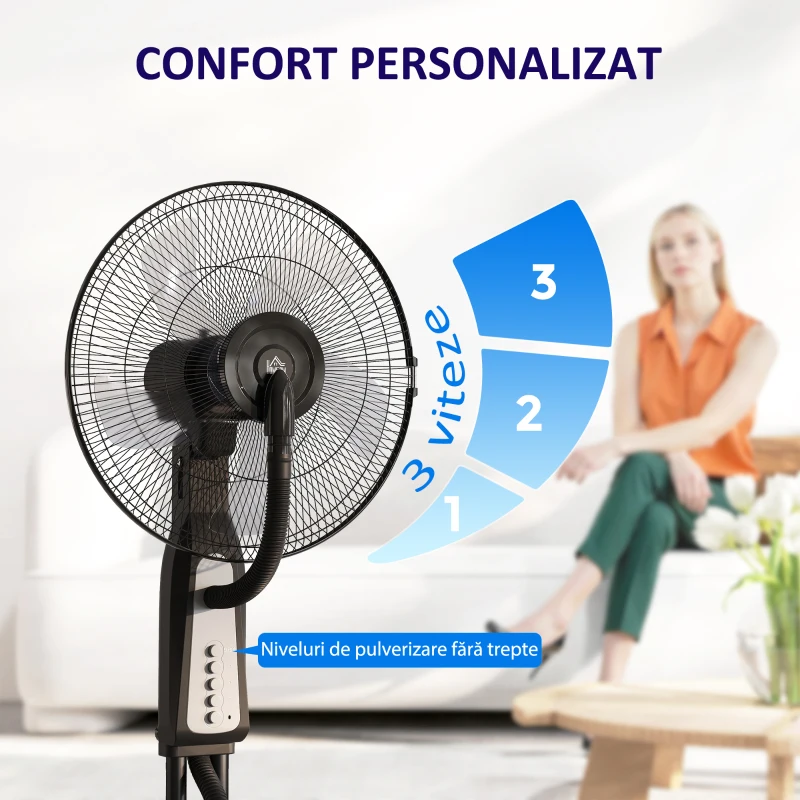 HOMCOM Ventilator cu cu Pulverizare de Apă Reglabil, 3 Viteze și Oscilație 75° Negru