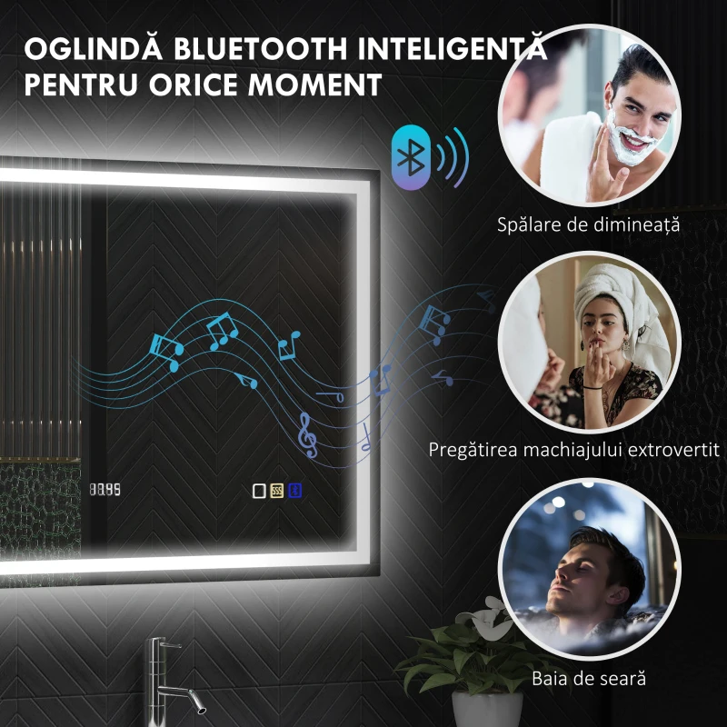 HOMCOM Oglindă Baie cu LED, Antiaburire și Boxă Bluetooth, 80x100 cm, Touch și Funcție Memorie