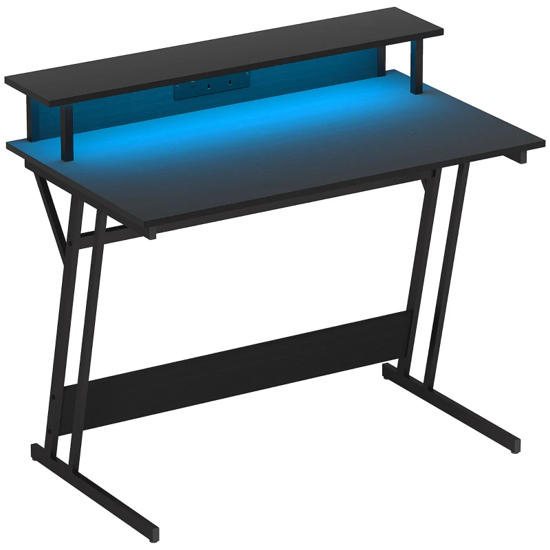 HOMCOM Gaming Desk with LED Lights and Power Outlets, 100 x 60cm Z Shaped Computer Desk with Monitor Stand and Steel Frame, PC Gaming Table for Home Office, Black