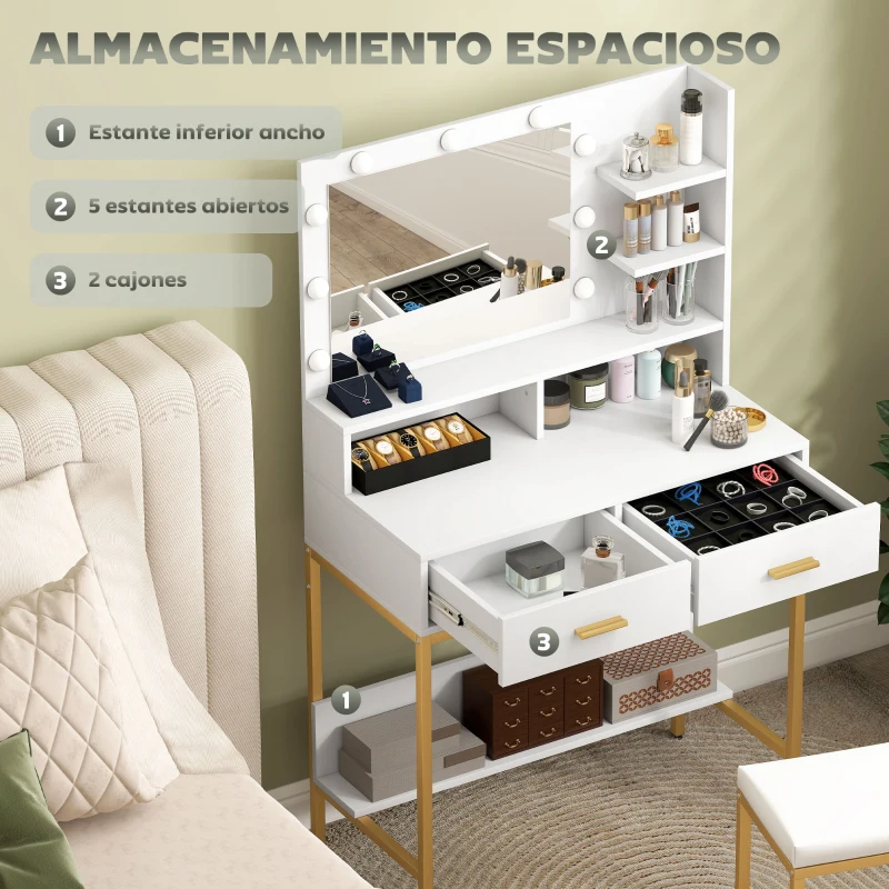 HOMCOM Tocador de Maquillaje con Luz y Taburete Mesa de Maquillaje con 2 Cajones y Estantes de Almacenamiento Blanco
