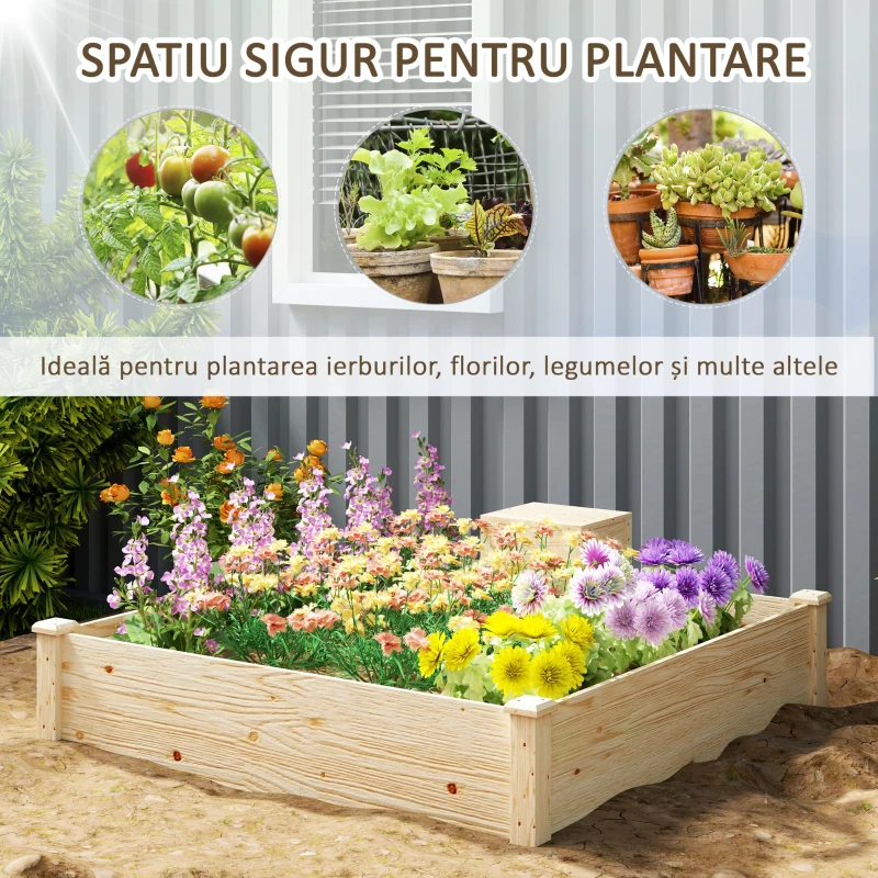 Outsunny Jardinieră de Exterior cu Compostor și Bază Deschisă din Lemn de Brad, 123x123x25,5 cm, Lemn Natural