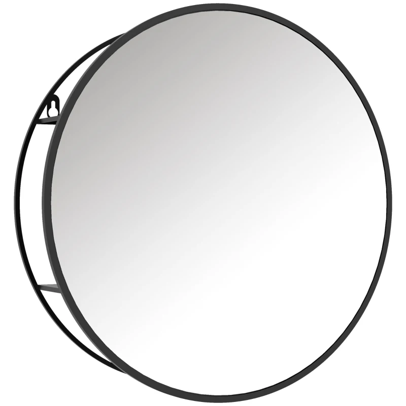 HOMCOM Miroir mural rond avec 2 étagères de rangement pour salle de bain, cadre en métal noir, diamètre de 50 cm