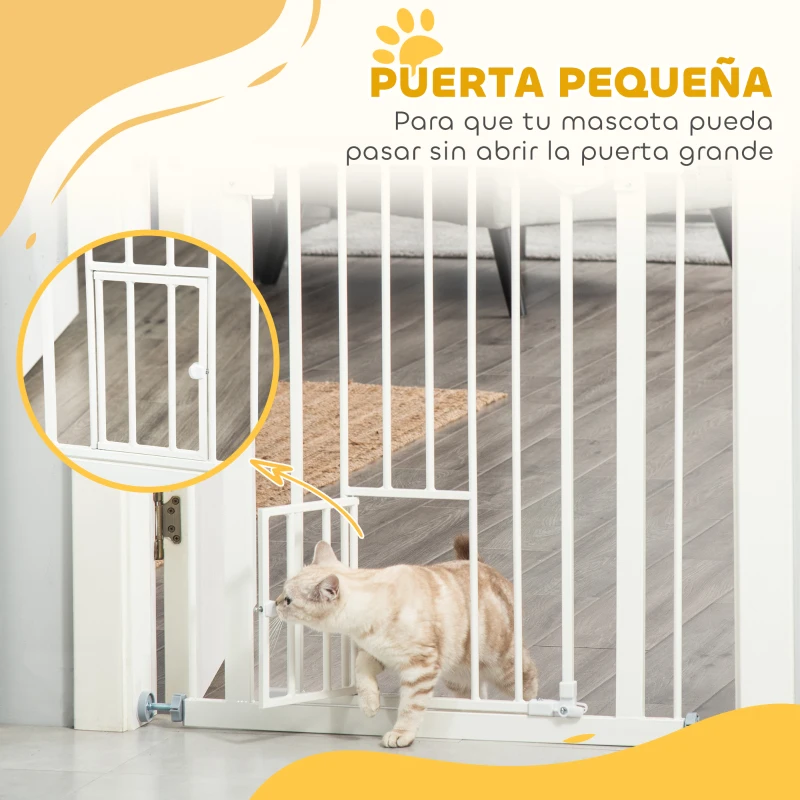 PawHut Barrera de Seguridad Extensible con Puerta Pequeño Cierre Automático y Sistema de Doble Bloqueo 74-80x76,2 cm Blanco