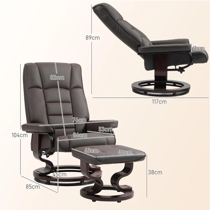 HOMCOM Relaxsessel mit Hocker, drehbar & neigbar, Kunstlederbezug, bis 150 kg, Holzgestell, Braun(m-3)