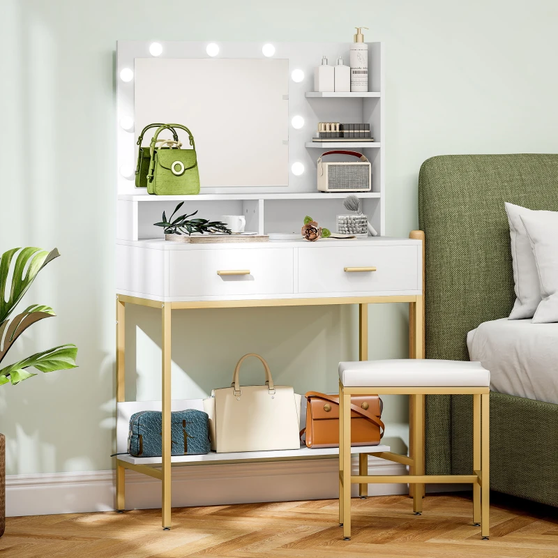 HOMCOM Tocador de Maquillaje con Luz y Taburete Mesa de Maquillaje con 2 Cajones y Estantes de Almacenamiento Blanco