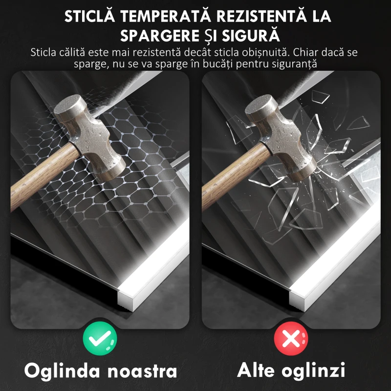 HOMCOM Oglindă de Baie cu LED 3 Culori 70x50x3 cm, Montabilă pe Perete