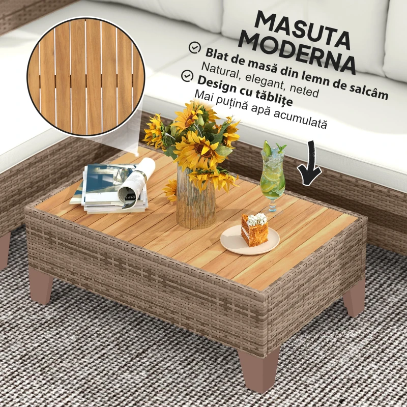 Outsunny Set de Mobilier de Grădină din 3 Piese cu Canapea, Șezlong și Măsuță de Cafea, 128x66x66 cm, Kaki