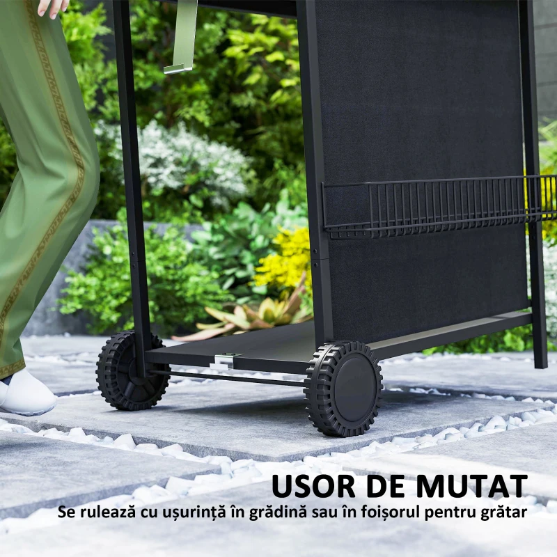 Outsunny Grătar pe Gaz cu Capac, Termometru, Măsuță Laterală și Tavă pentru Colectarea Grăsimii, 121x54x97 cm, Negru