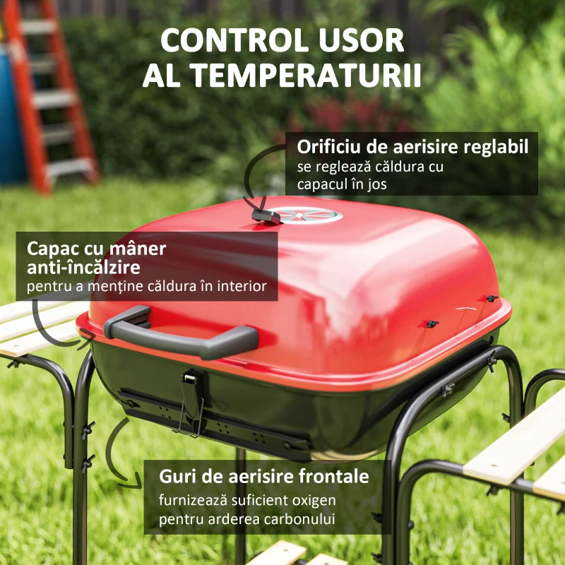 Outsunny Grătar cu Cărbune 3 Rafturi și Roți, Capac cu Aerisire Reglabilă, Roșu