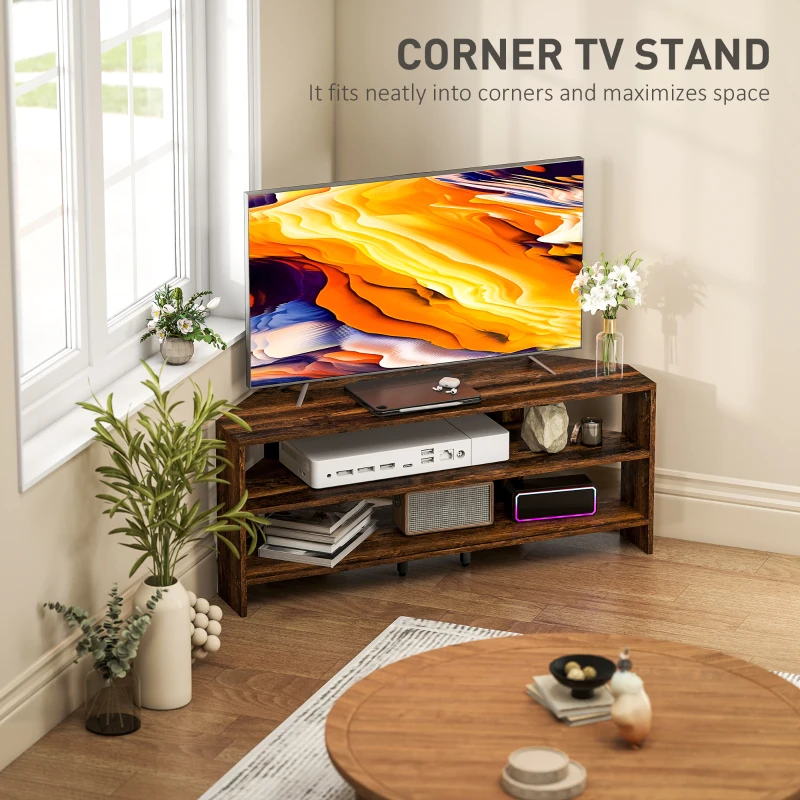 HOMCOM Corner TV Stand with 2 Open Shelves for 47 Inch TV - Rustic Brown