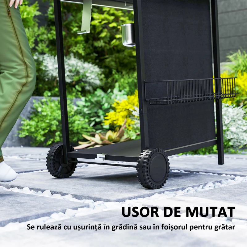 Outsunny Grătar pe Gaz cu Capac, Termometru, Măsuță Laterală și Tavă pentru Colectarea Grăsimii, 107x54x96 cm, Negru