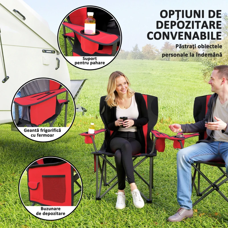 Outsunny Set 2 Scaune de Camping Pliabile cu Geantă Frigorifică, Suport pentru Pahare și Tetieră, 94x62x100 cm, Roșu