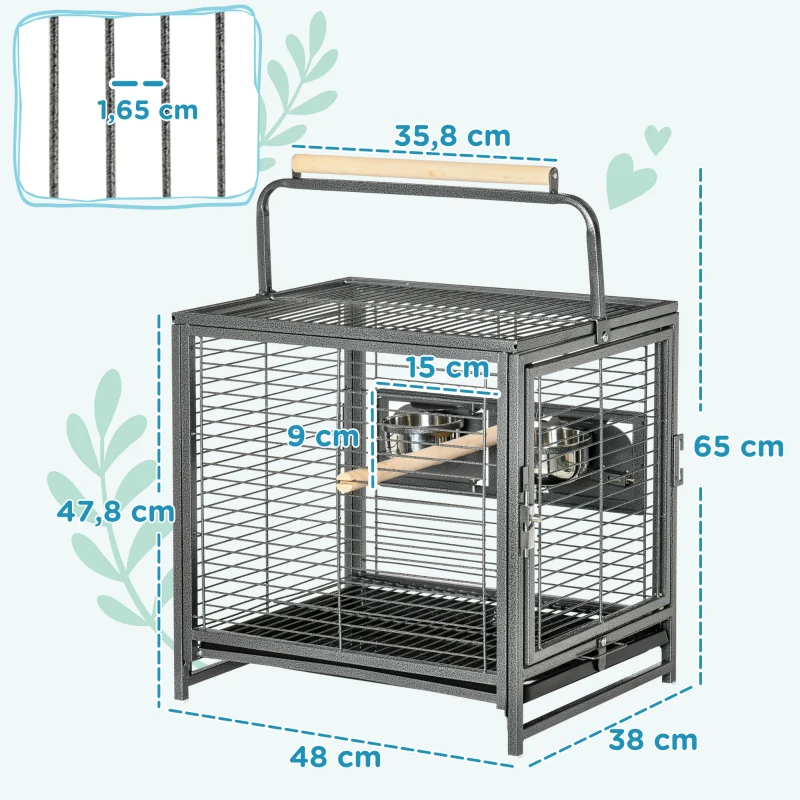 PawHut Vogeltransportkäfig aus Stahl für Papageien, Vogelkäfig mit 2 Edelstahlnäpfen, 2 Sitzstangen, Schale, schwarz