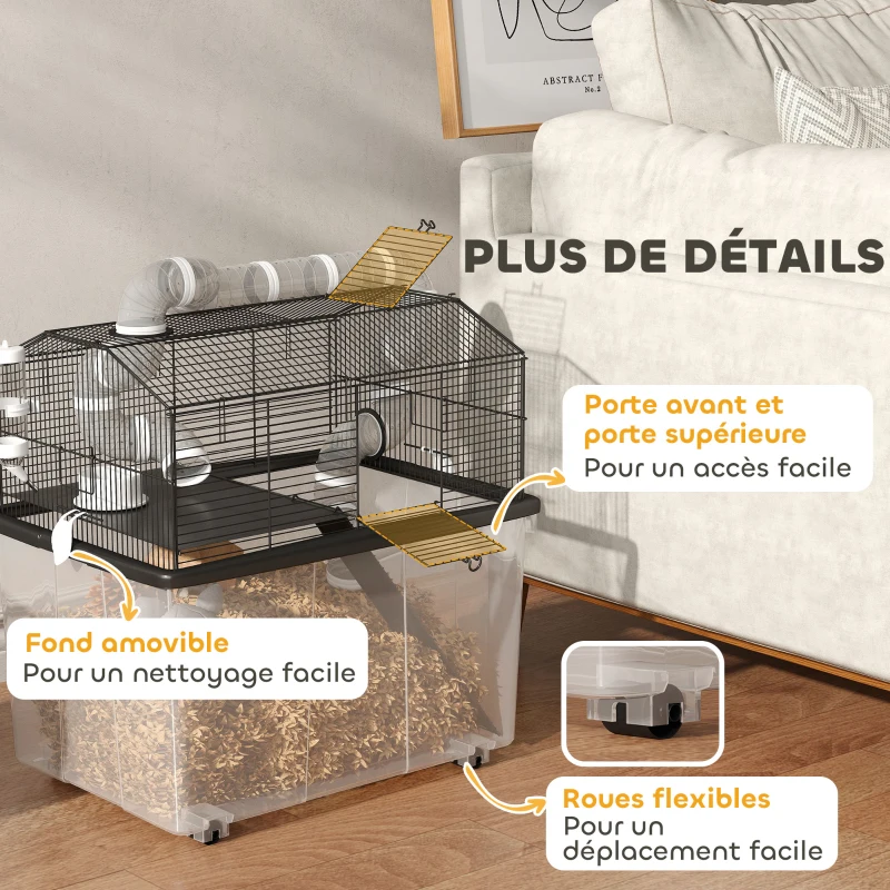 PawHut Tragbarer Hamsterkäfig Hamsterkäfig mit Rampe, Futternapf, Trinkflasche, Rohrsystem 58 x 43 x 57 cm Schwarz