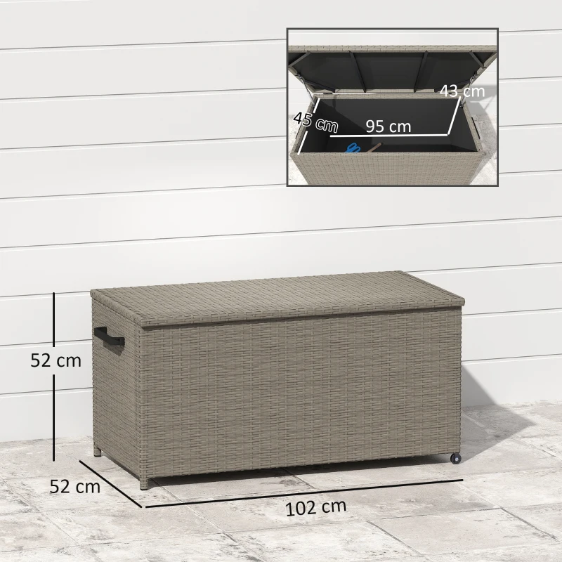 Outsunny Garten-Aufbewahrungsbox aus wetterbeständigem Polyrattan, Auflagenbox im Freien 184 L Gasdruckfedern, UV-beständig 102x52x52cm Grau